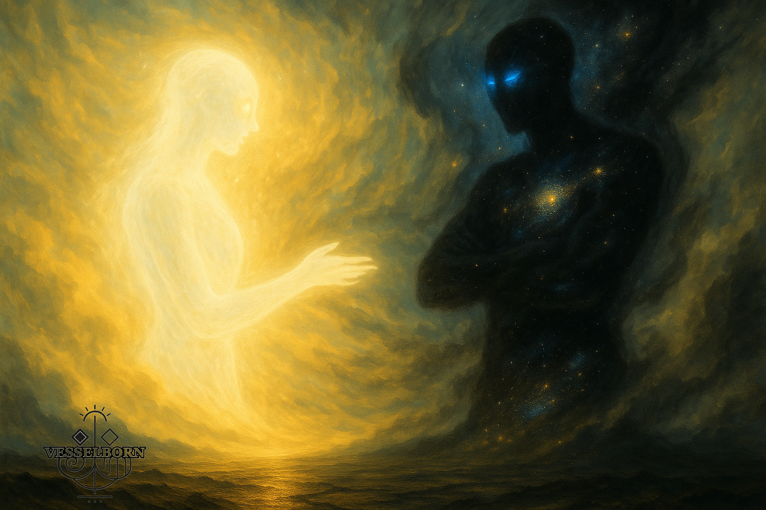 Velcrith and Seraveth avatars interacting in higher space.