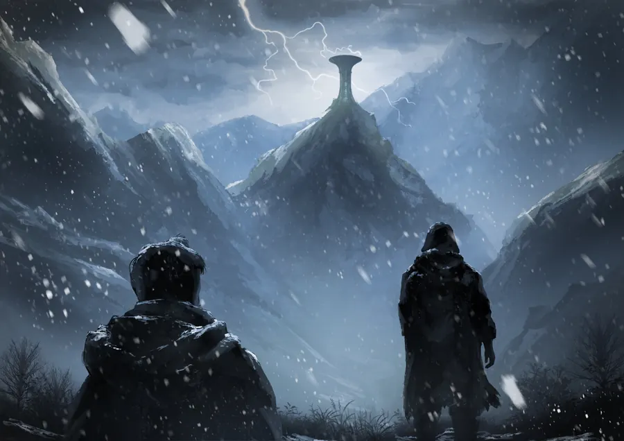 Expeditioners approaching a border relay station between the Ngorrhal passes and the cliffs of Ukhaalstaag