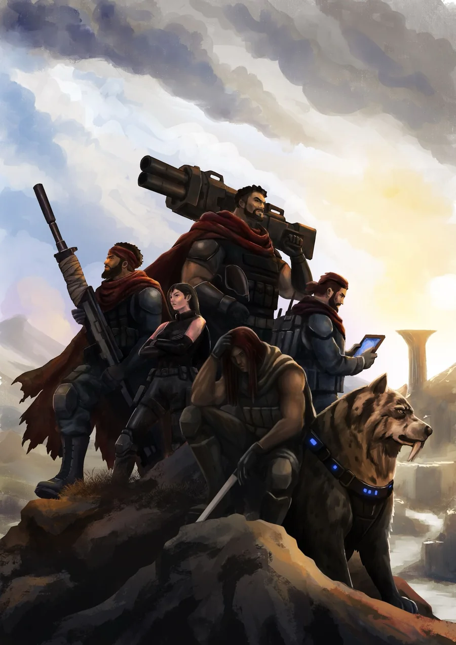 The Engineered cell from Thazvaari Nights and their Sentinelhound after crossing the Berinu border into Thazvaar
