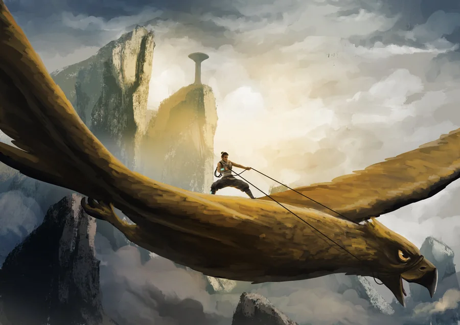 An athlete in the Yuvaar Hunting Games standing on a Goldenwing in flight, hauling on its lines to guide it down for capture